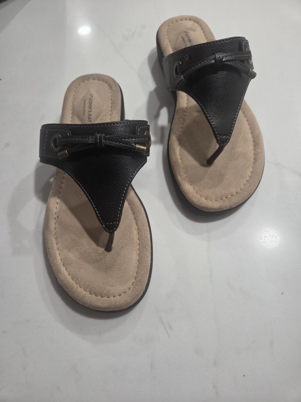 St. John's Bay Black Thong Sandals with Beige Footbed Accent